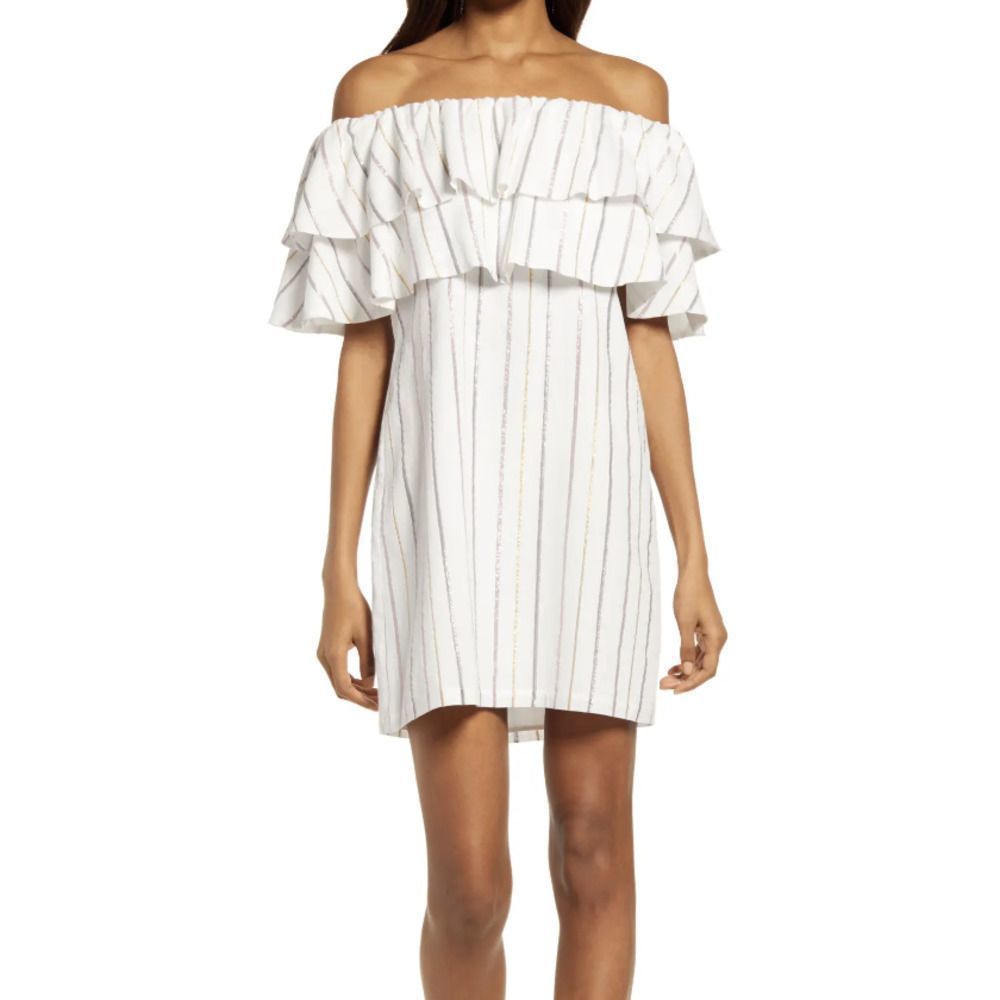 Charles Henry Metallic Stripe Off the Shoulder Popover Dress In White Sz M